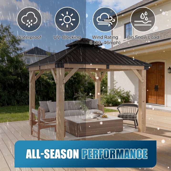 Sunmthink 10'x10' Outdoor Hardtop Gazebo, Cedar Wood Pavilion with Galvanized Steel Double Roof, for Patio, Garden, Deck