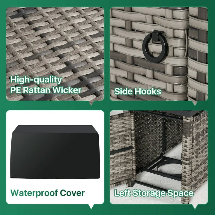 Clouddwell 15 Piece Patio Furniture Set with 44” Fire Pit Table Wicker Rattan Patio Conversation Set Outdoor Sectional Sofa Set with Coffee Table and Blue Cushions(Waterproof Cover Included)