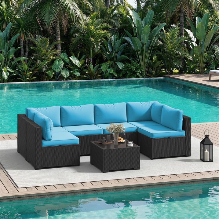 Dateyes 7-Piece Patio Furniture Set, All-Weather Wicker Rattan Outdoor Sectional Sofa Set with Coffee Table (Blue)