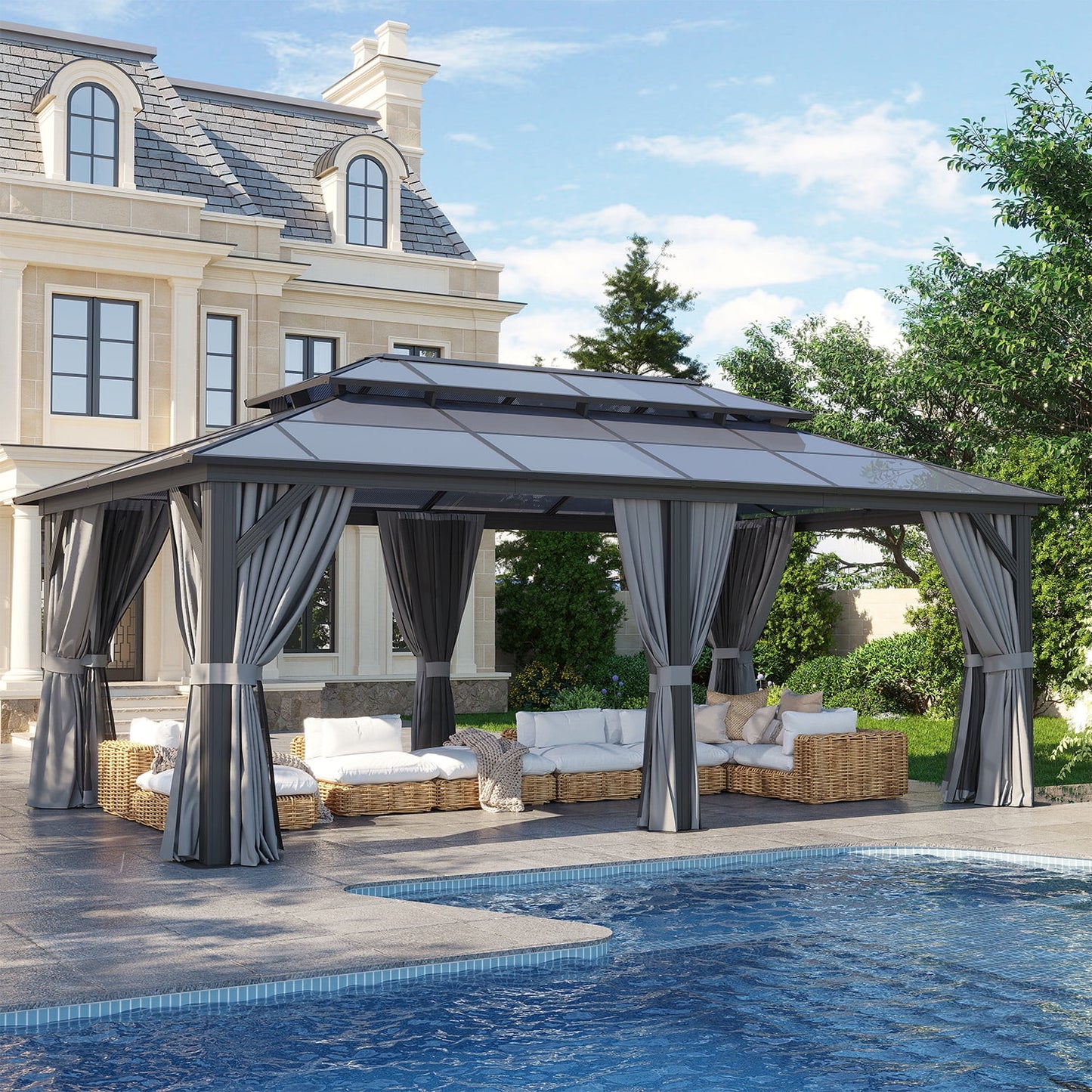 Clouddwell 12'x20' Hardtop Gazebo - Polycarbonate Double Roof with Netting & Curtains for Patio, Garden Sun Protection,Gray