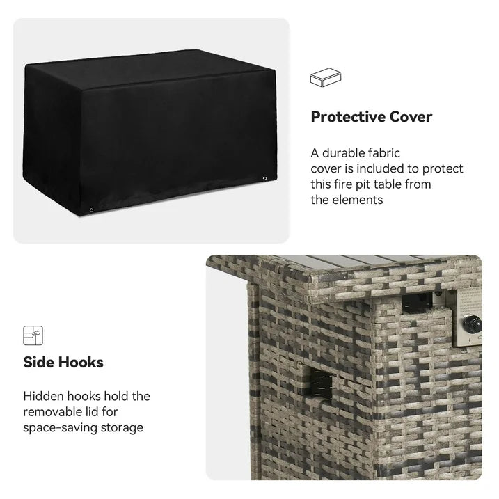 Aoxun 40'' Fire Pit Table 50,000 BTU Propane Gas Fire Pit Table W/ Cover, Glass Beads, Tank Holder, Gray Wicker