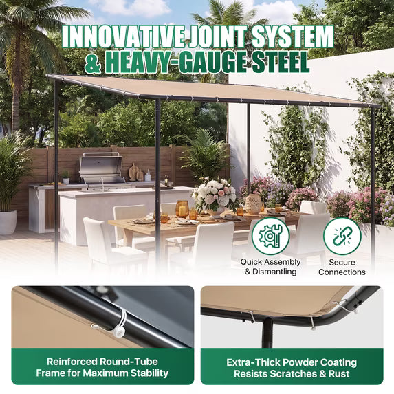 Clouddwell 10×10 FT Wall-Mounted Sloped Roof Outdoor Pergola Canopy, Water-Resistant & UV-Resistant Metal Patio Gazebo for Backyard Garden Porch in Khaki