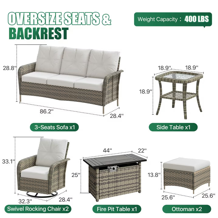 Sunmthink 7-Piece Patio Furniture Set, High Back Swivel Rocker Chairs with Thick Cushions, Wicker Rattan Outdoor Sectional Sofa with Fire Pit & Ottoman, Gray