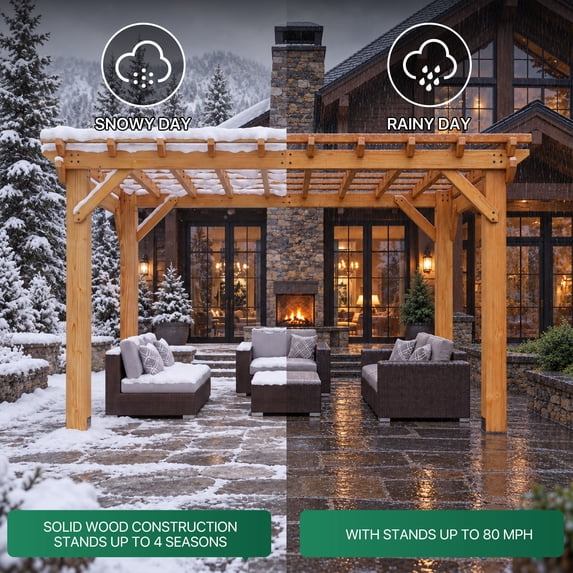 Sunmthink 10' x 12' Solid Cedar Outdoor Pergola, Tiered Lattice Canopy, Wind-Resistant up to 100 MPH, Natural Wood Finish for Patio, Deck, Lawn & Garden