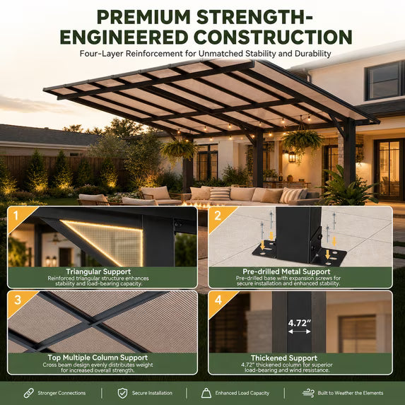 Dateyes 14'x10' Freestanding Hardtop Gazebo Pergola Heavy Duty Patio Carport with Multi Wall Polycarbonate Roof, Wall Mounted Awning for Decks, Weatherproof & Low Maintenance