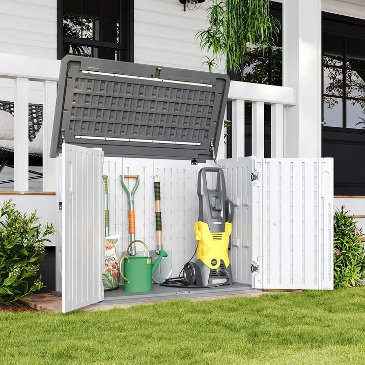 Aoxun 52inch Outdoor Storage Cabinet, Patio Waterproof Trash Can, Outdoor Horizontal Storage Shed for Garbage Bin, Generator, and Lawn Mower (White)