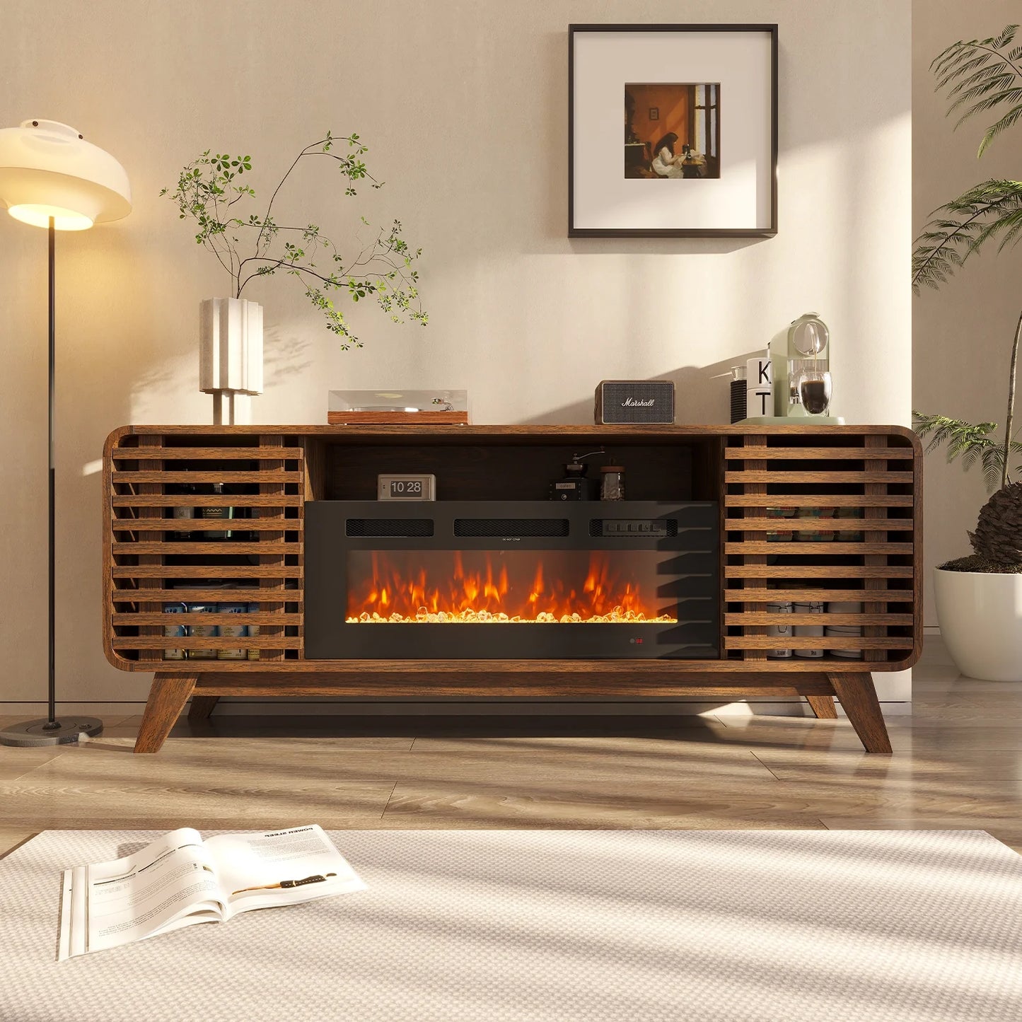 Sonegra Fireplace TV Stand with 36" Electric Fireplace, Mid Century Modern Entertainment Center with Led Lights for 80” TVs , Wood Media Console with Slatted Sliding Doors, for Living Room