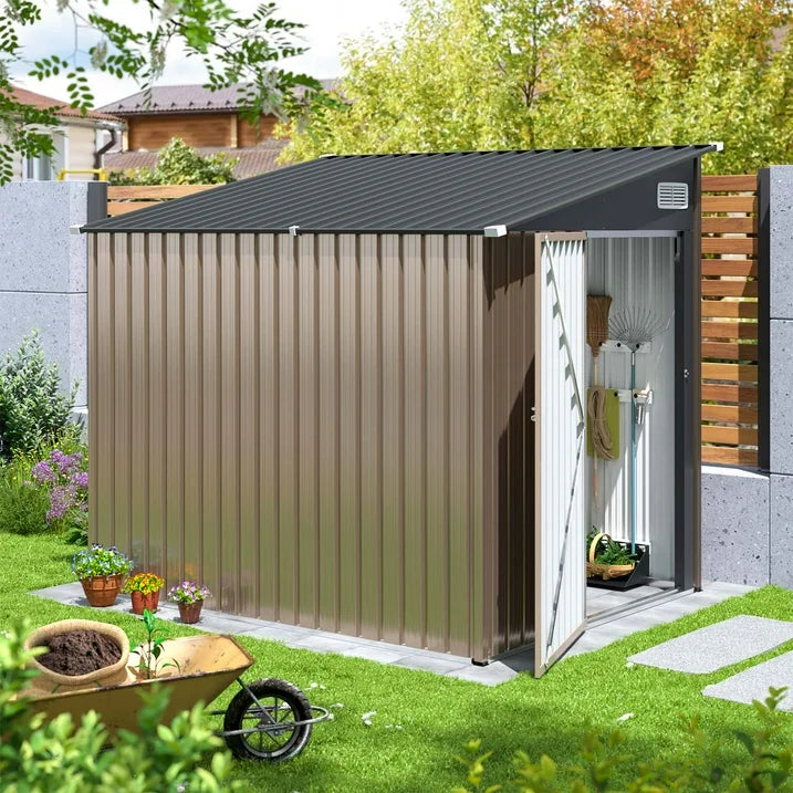 Sunmthink 7'x5.5' Lean to Shed with Side Door Waterproof Utility Shed with Sloped Roof, Lockable Door, Brown
