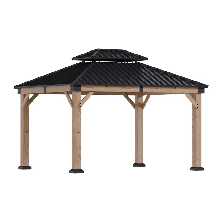 Sunmthink 10'x12' Outdoor Hardtop Gazebo, Cedar Wood Pavilion with Galvanized Steel Double Roof, for Patio, Garden, Deck