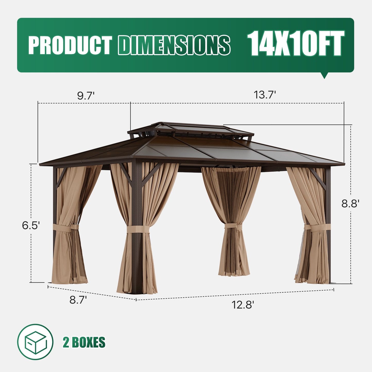 Clouddwell 10'x14' Hardtop Gazebo - Polycarbonate Double Roof with Netting & Curtains for Patio, Garden Sun Protection,Brown