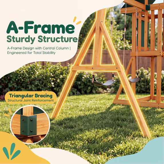 Clouddwell Backyard Wooden Swing Set – Outdoor Playground with Slide, Play Deck, Rock Wall Ladder, Belt Swings & Chalkboard