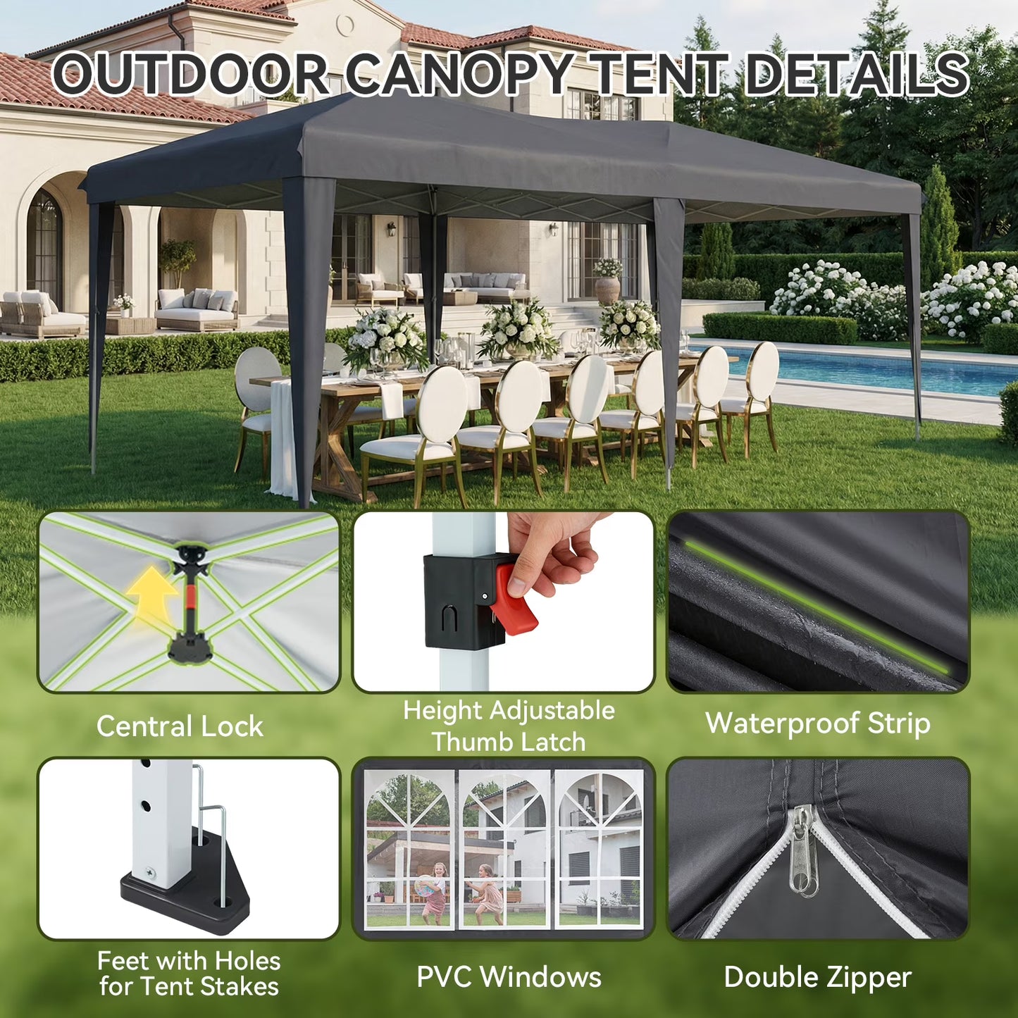 Aoxun 10x20 Pop Up Canopy Tent with 6 Removable Sidewalls, Instant Setup Party Tent Waterproof Outdoor Canopy Featuring 3 Adjustable Heights, Portable Shelter for Parties, Weddings, Commercial