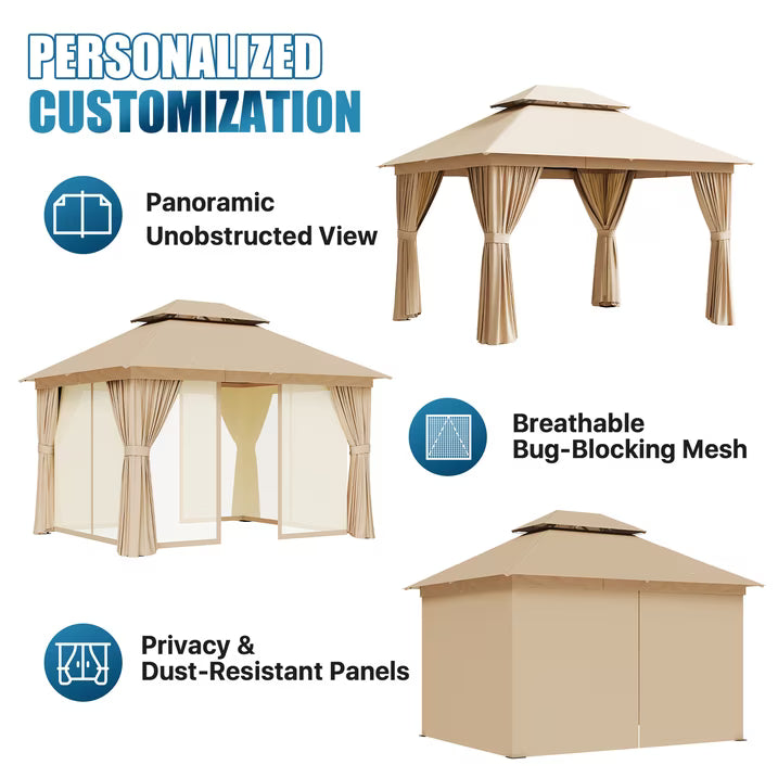 Sunmthink Outdoor Gazebo for Patio 10'x12', Metal Frame Canopy with Double Roofs, Heavy Duty Party Tent and Shelter with Mosquito Netting and Privacy Screen for Backyard,Garden,Deck (Beige)