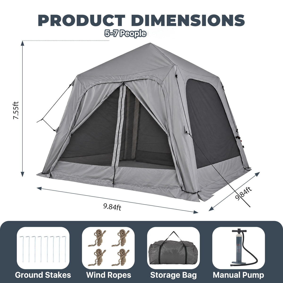 Dateyes Inflatable Camping Tent for 5-7 Person, 10x10 FT Quick Blow-up Family Tent, Lightweight Portable Outdoor Shelter for Camping, Beach and Festivals, Dark Gray
