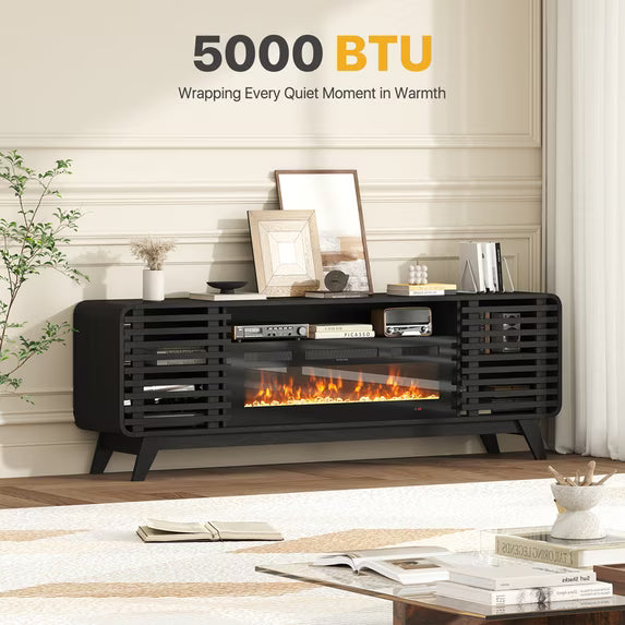 Sonegra Fireplace TV Stand with 36" Electric Fireplace, Mid Century Modern Entertainment Center with Led Lights for 80" TVs , Wood Media Console with Slatted Sliding Doors for Living Room, Black