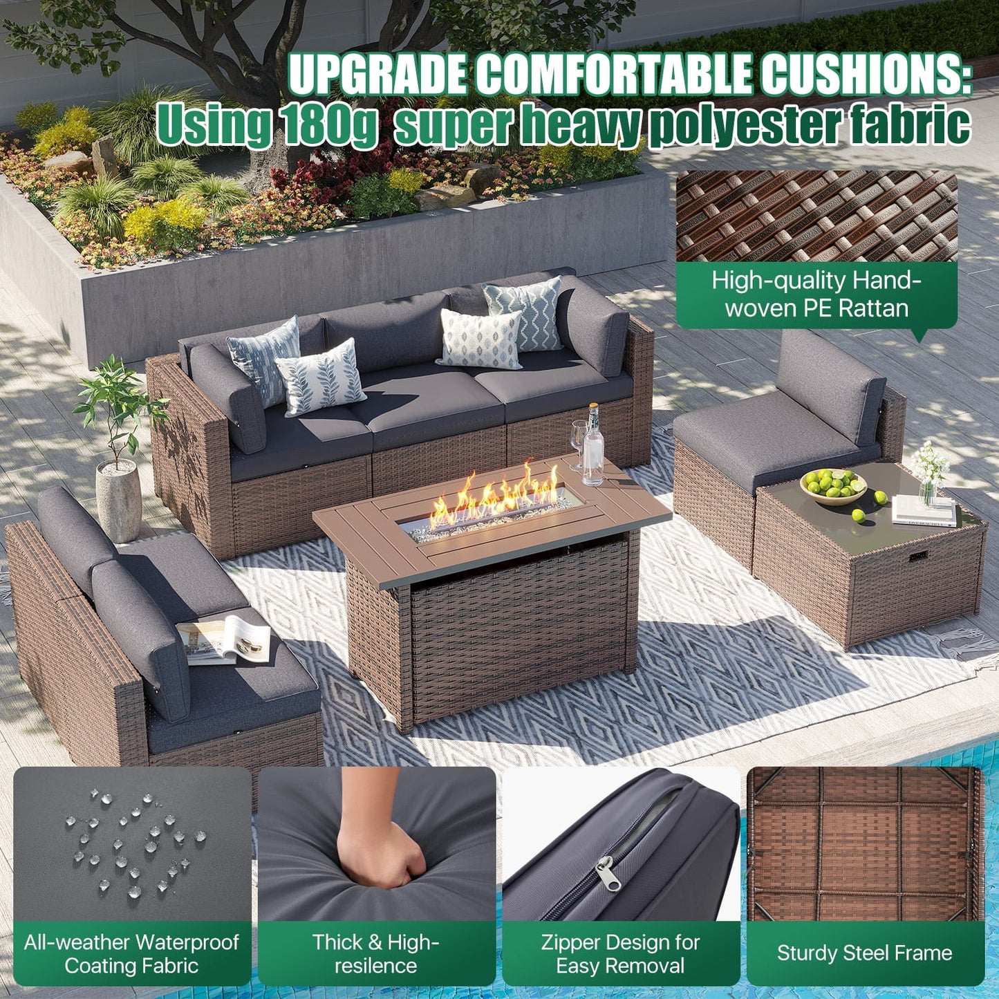 Clouddwell 8 Piece Patio Furniture Set with 44” Fire Pit Table Wicker Rattan Patio Conversation Set Outdoor Sectional Sofa Set with Coffee Table and Gray Cushions(Waterproof Cover Included)