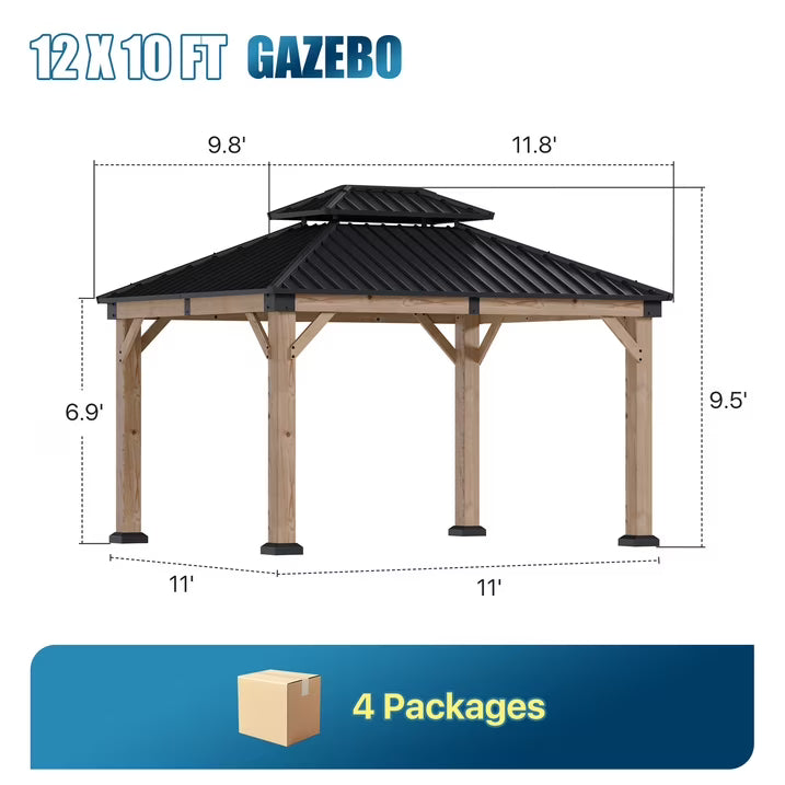 Sunmthink 10'x12' Outdoor Hardtop Gazebo, Cedar Wood Pavilion with Galvanized Steel Double Roof, for Patio, Garden, Deck