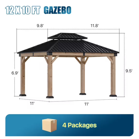 Sunmthink 10'x12' Outdoor Hardtop Gazebo, Cedar Wood Pavilion with Galvanized Steel Double Roof, for Patio, Garden, Deck
