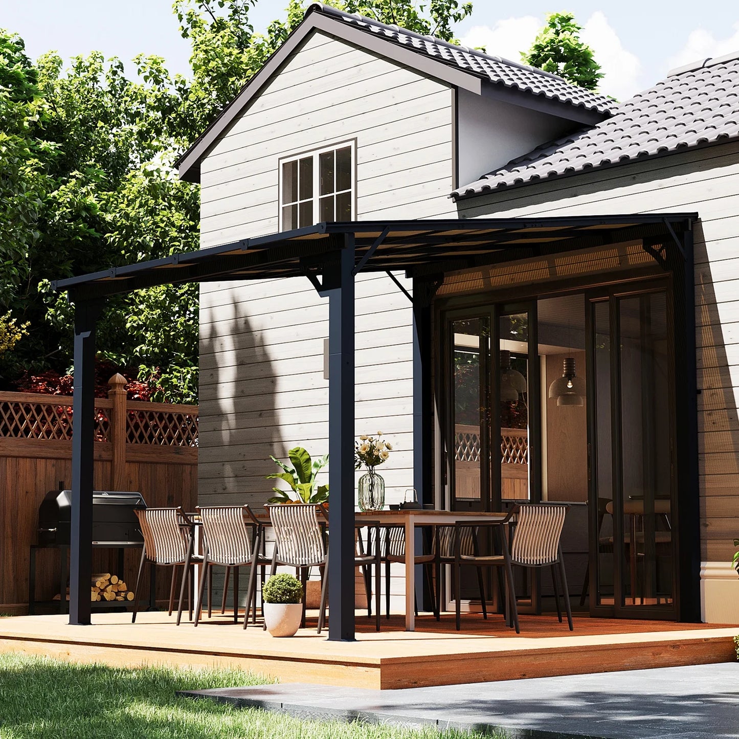 Sunmthink Outdoor Hardtop Gazebo for Patio 10' x 8', Small Wall-Mounted Lean to Gazebo Pergola with Roof