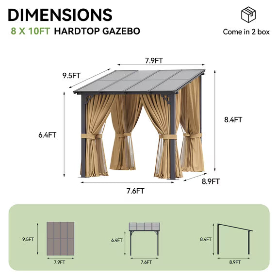 Dateyes 8‘x10’ Wall-Mounted Patio Gazebo with Durable Polycarbonate Roof, Full Bug Screens & Privacy Panels