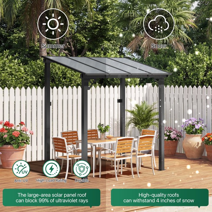 Clouddwell 8'x 5' Wall-Mounted Gazebo Pergola with Aluminum Top Frame & Polycarbonate Panel, Large Heavy-Duty Awnings for Backyard Black