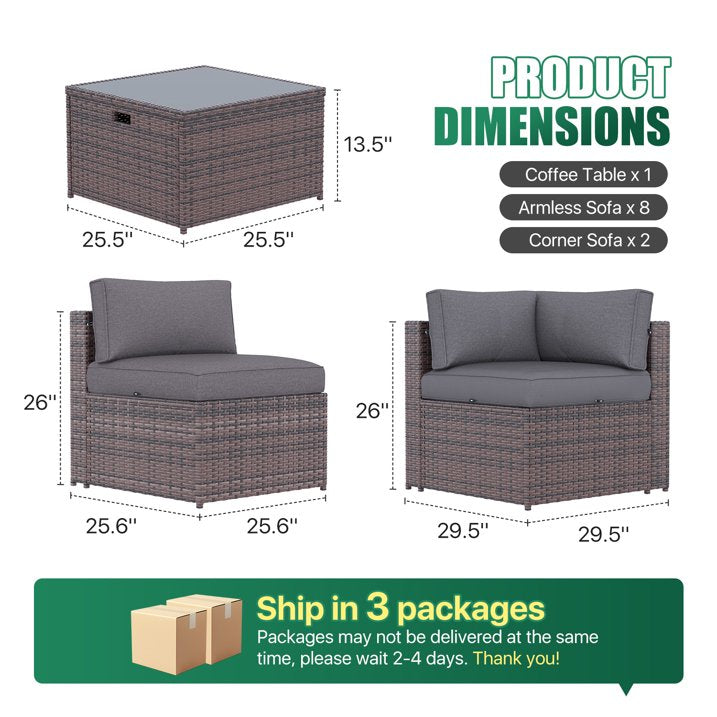 Clouddwell 11 Piece Patio Furniture Set Wicker Rattan Patio Conversation Set Outdoor Sectional Sofa Set with Coffee Table and Gray Cushions(Waterproof Cover Included)