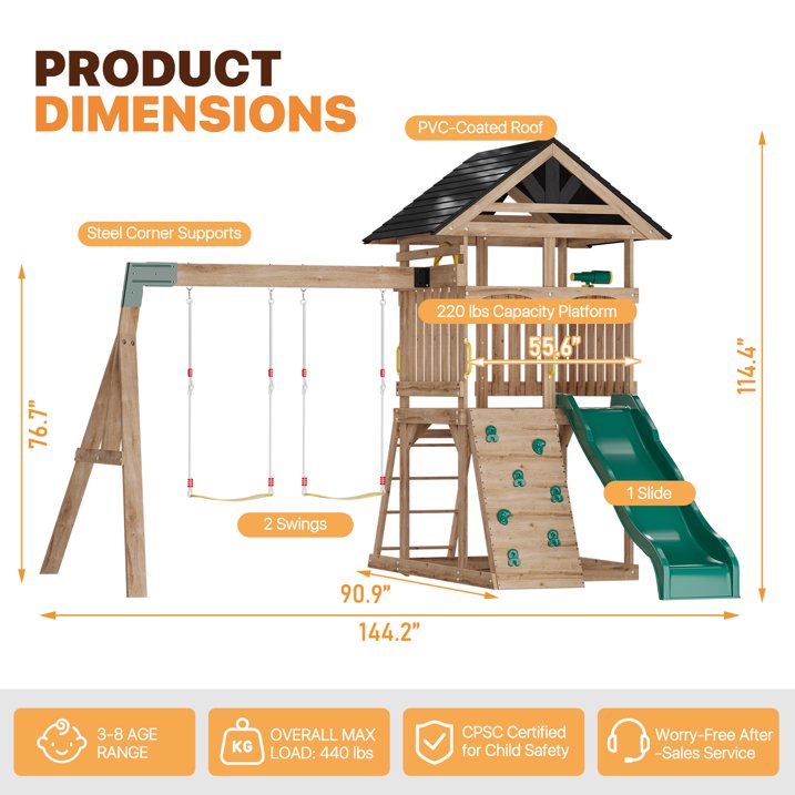 Clouddwell Wood Swing Set with Wave Slide, Play Deck, Rock Wall Ladder, Belt Swings, Chalkboard, Canopy Roof, Outdoor Playset