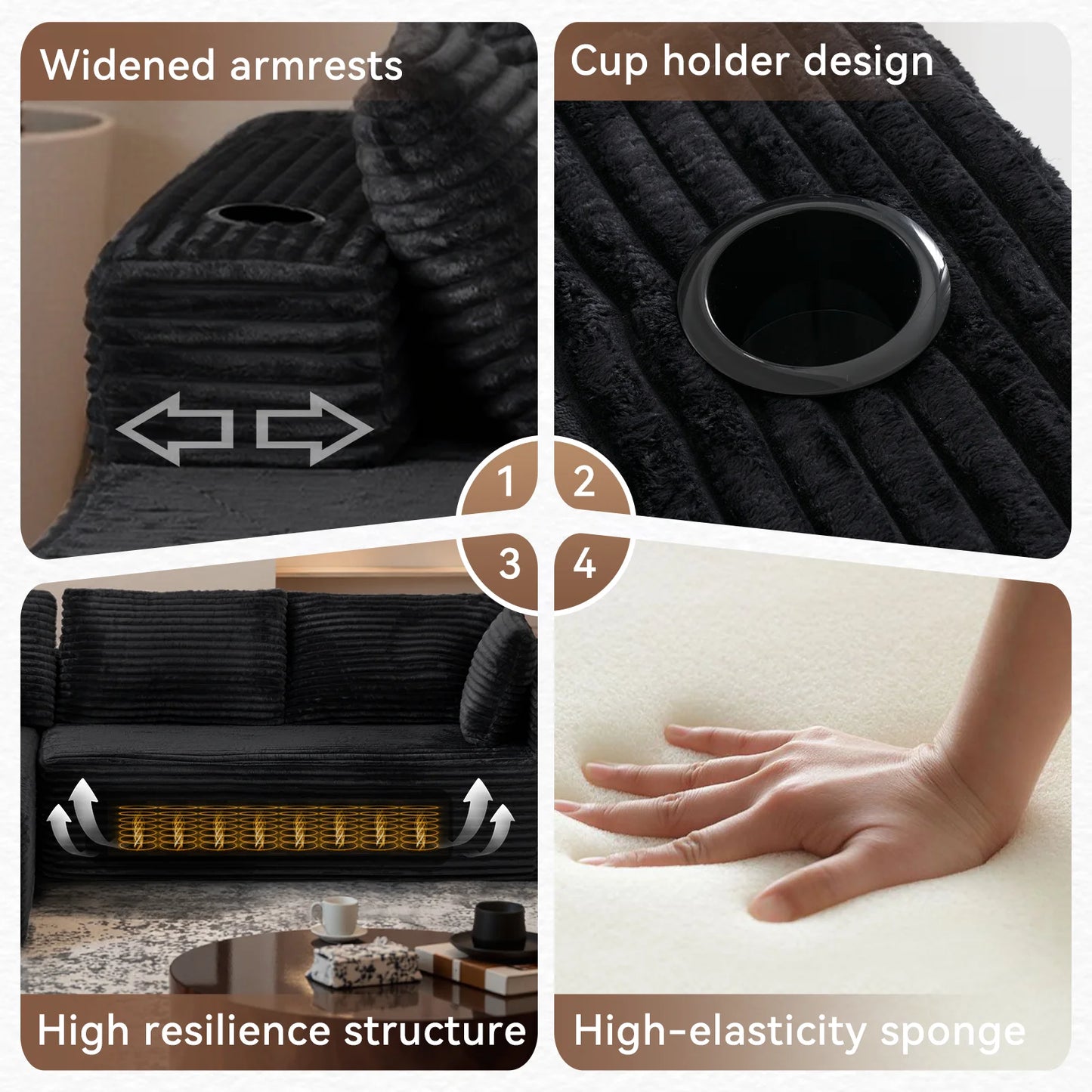 Sunmthink Cloud Couch Corduroy Modular Sectional Sofa L-Shape Boneless Couch with Wide Armrests and Cup Holders for Living Room Bedroom, No Assembly Required (Black)