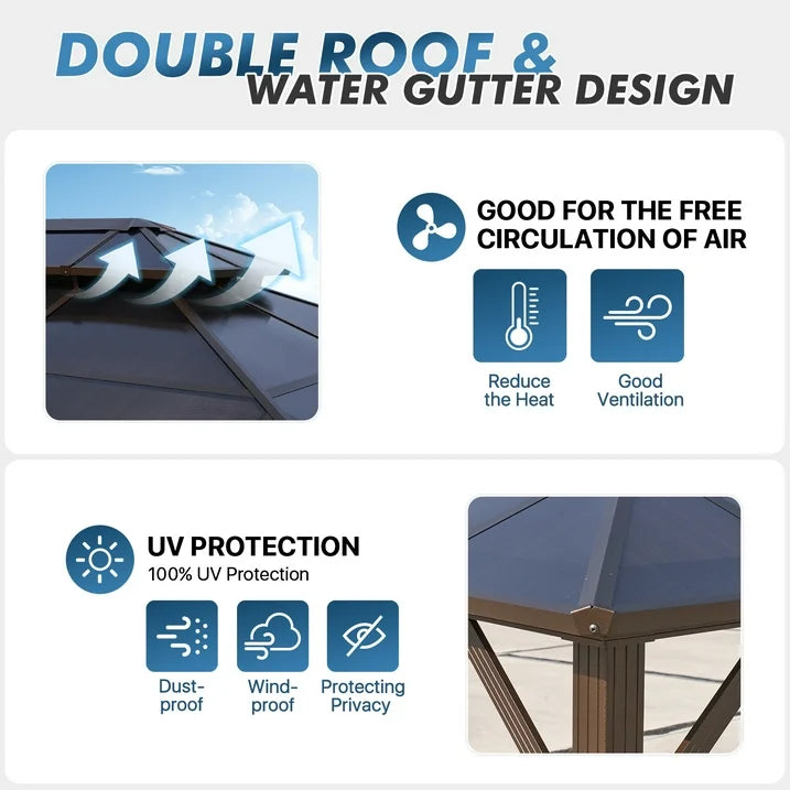 Sunmthink 10' x 12'Hardtop Gazebo,Polycarbonate Double Roof,Aluminum Frame with Curtains and Netting for Patio,Garden,Brown