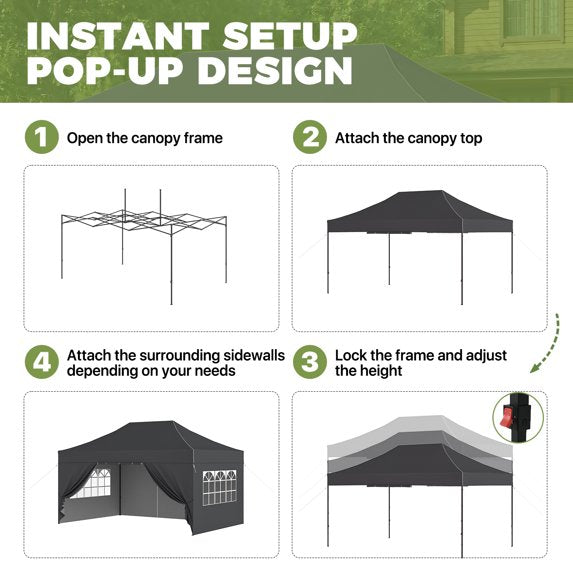 Clouddwell 10'x15' Pop Up Canopy Tent with Removable Sidewalls, Adjustable Height Instant Outdoor Canopy, Portable Sun Shade Shelter with 4 Sandbags, Easy Setup for Events, Parties, Dark Gray