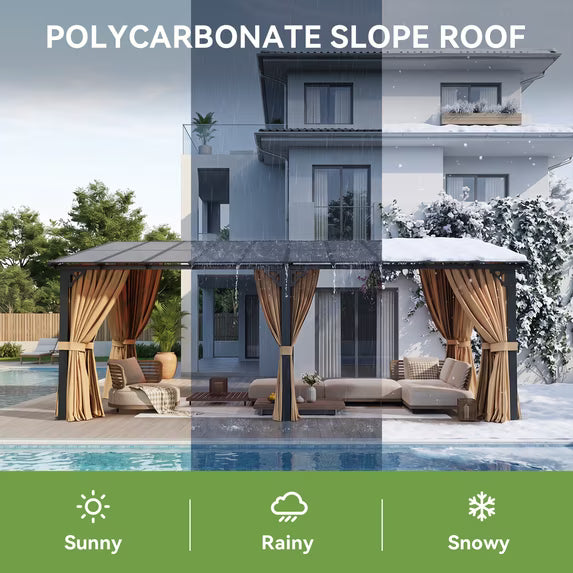 Dateyes 20‘x10’ Wall-Mounted Patio Gazebo with Durable Polycarbonate Roof, Full Bug Screens & Privacy Panels