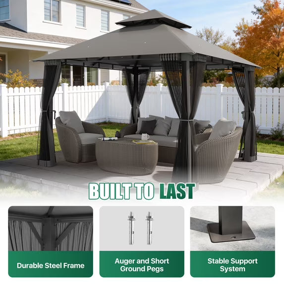 LazySunsets 10'x 10' Patio Gazebo Double Roof Protection All-Weather Outdoor Shelter Features Insect Screens for Backyard, Lawn, (Gray)