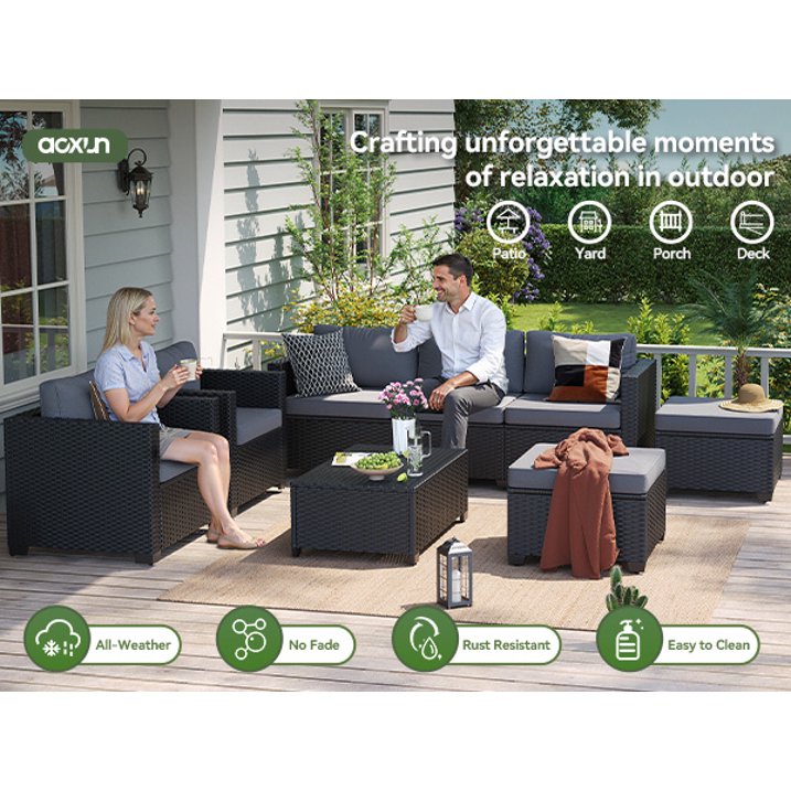 6 Piece Outdoor Wicker Patio Furniture Set, Rattan Sectional Sofa Sets with Grey Cushions