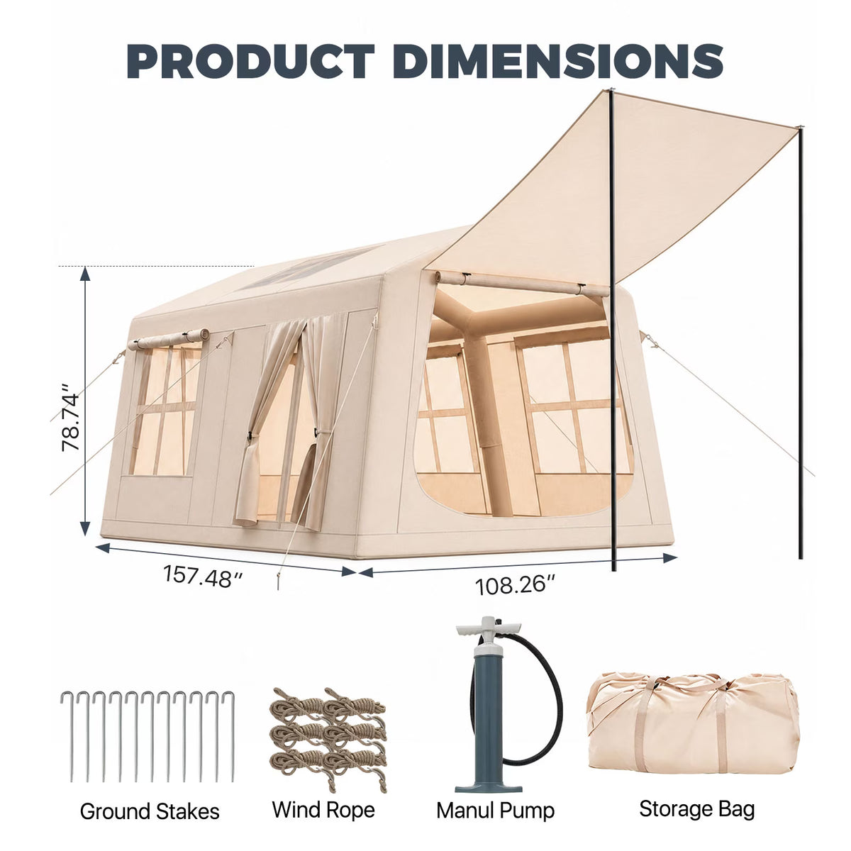 Dateyes 13x9 FT Inflatable Camping Tent for 8-10 Person, All-Season Blow Up Tent with Stove Jack, Easy Setup Portable Air Tent for Family Glamping, Beige