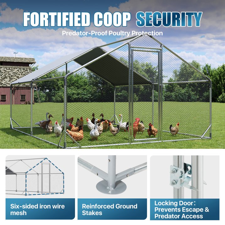 Sunmthink Heavy Duty Metal Chicken Coop Poultry Cage, Large Outdoor Yard Walk-in Enclosure with Waterproof Flat Roof Cover (9.8' L x 13.1' W x 6.4' H)
