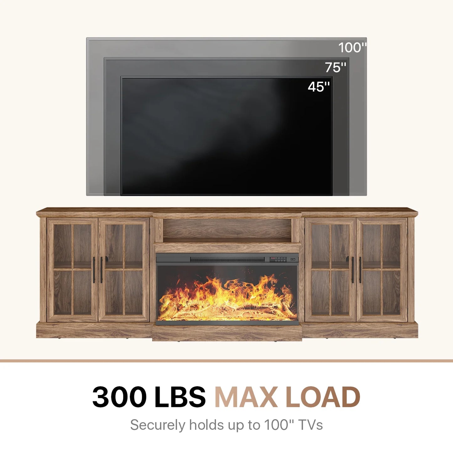 Sonegra 98" Farmhouse TV Stand with Fireplace for TVs up to 100", Media Entertainment Center with Adjustable Shelves and Large Storage Cabinets, for Living Room, Brown