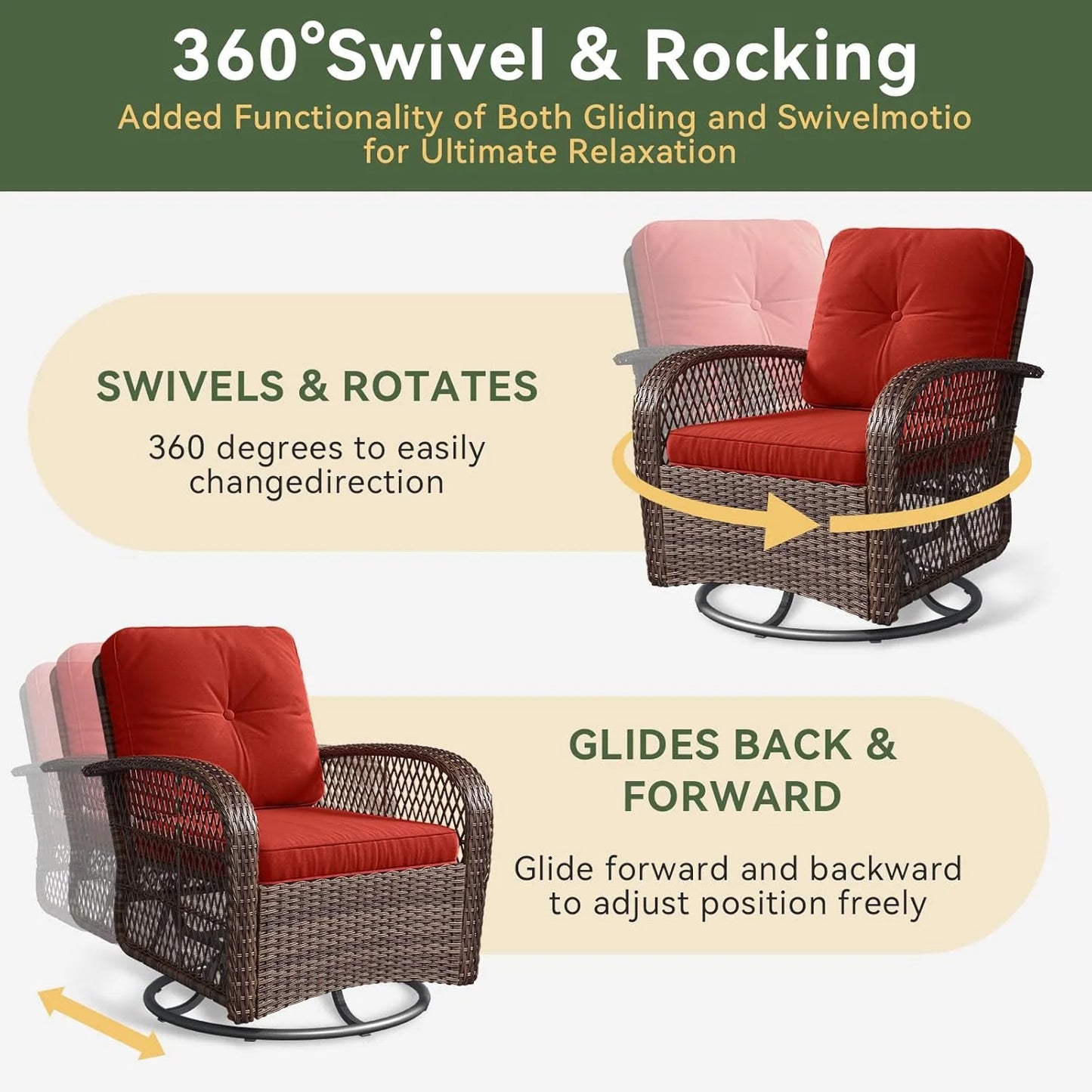 Aoxun 3 Pieces Patio Furniture Set, Patio Swivel Rocker Chairs Set of 2, Wicker Outdoor Bistro Set with Rocking Chair, Thickened Cushions and Table for Porch (Red)