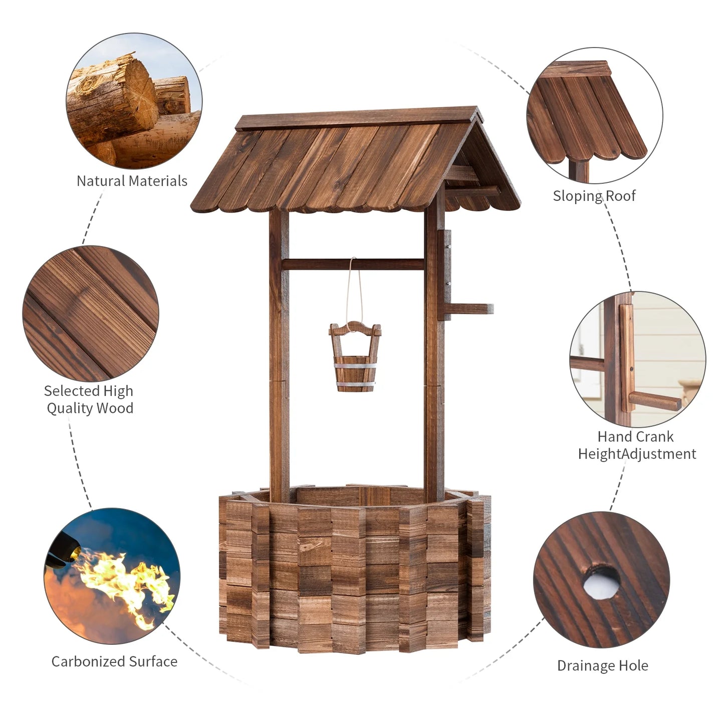 Sunmthink Big Wishing Well Planter 25.5" with Hanging Bucket for Flower and Plants, Brown, Wooden