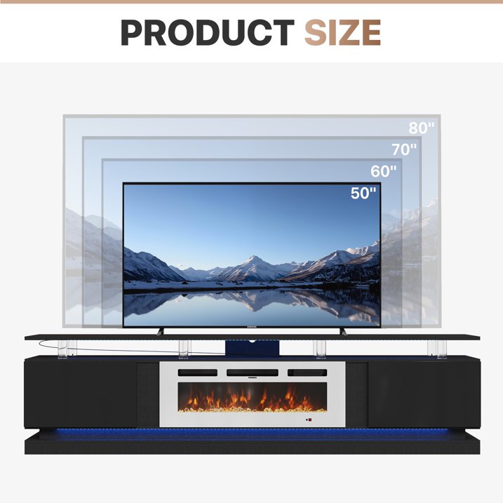 Sonegra Modern Fireplace TV Stand for TVs Up to 90" with Music Sync LED, 80" Entertainment Center with Electric Fireplace, TV Console with Storage Cabinets for Living Room, Black