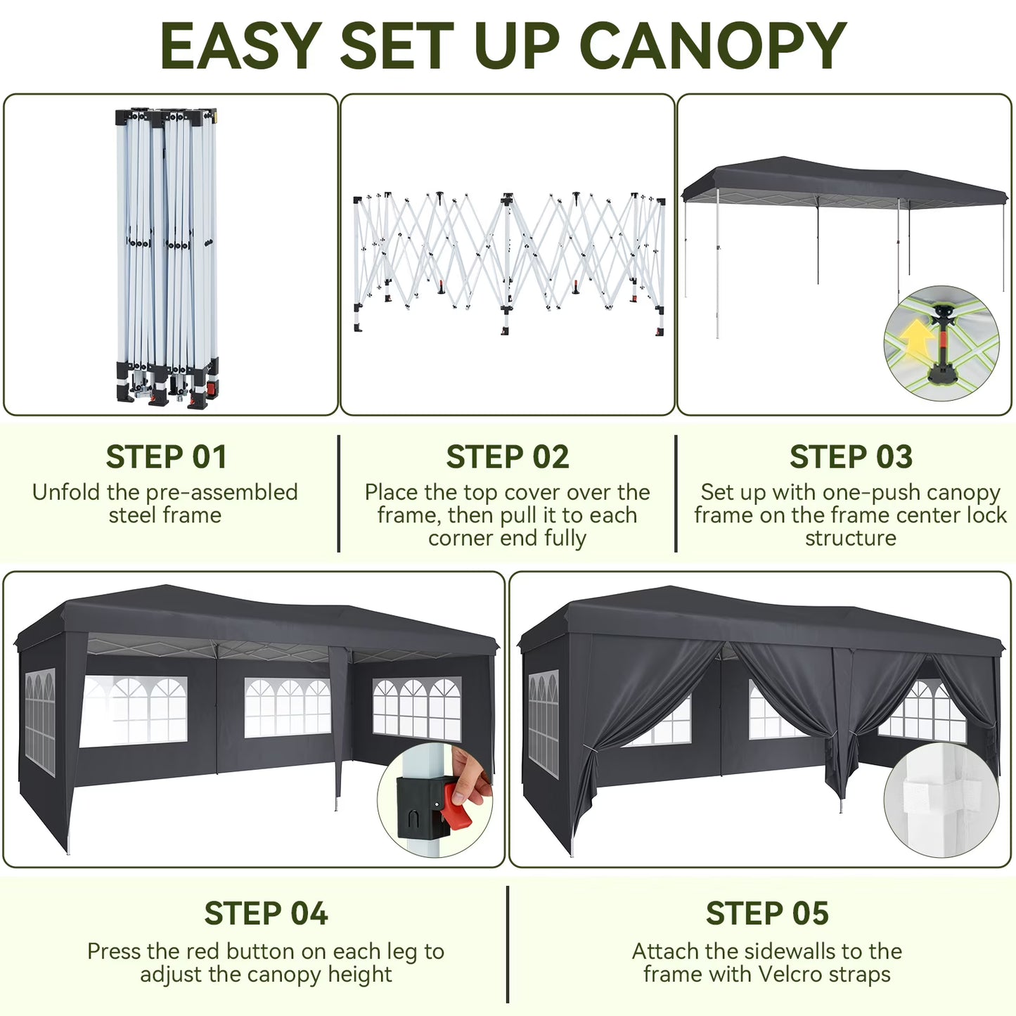 Aoxun 10x20 Pop Up Canopy Tent with 6 Removable Sidewalls, Instant Setup Party Tent Waterproof Outdoor Canopy Featuring 3 Adjustable Heights, Portable Shelter for Parties, Weddings, Commercial