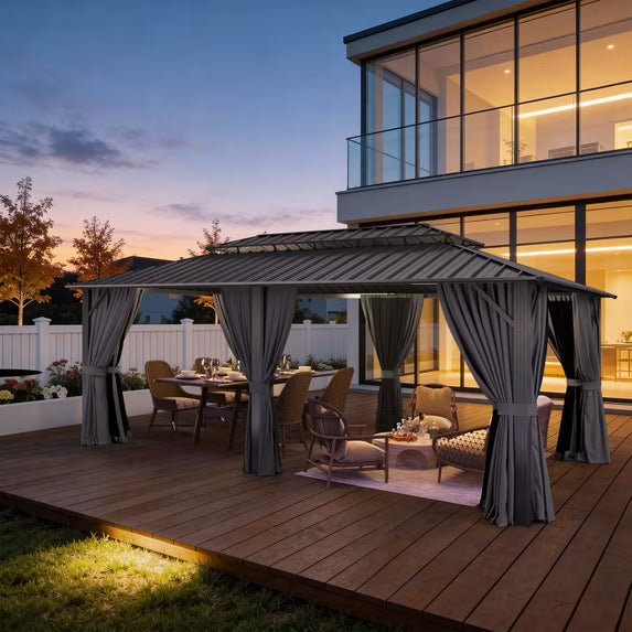 Sunmthink 12' x 20' Hardtop Gazebo with Mosquite Netting, Double Metal Roof for Lawn and Garden, Gray
