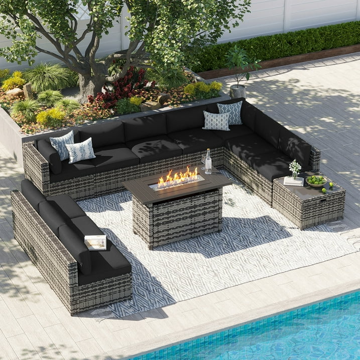Clouddwell 12 Piece Patio Furniture Set with 44” Fire Pit Table Wicker Rattan Patio Conversation Set Outdoor Sectional Sofa Set with Coffee Table and Black Cushions(Waterproof Cover Included)
