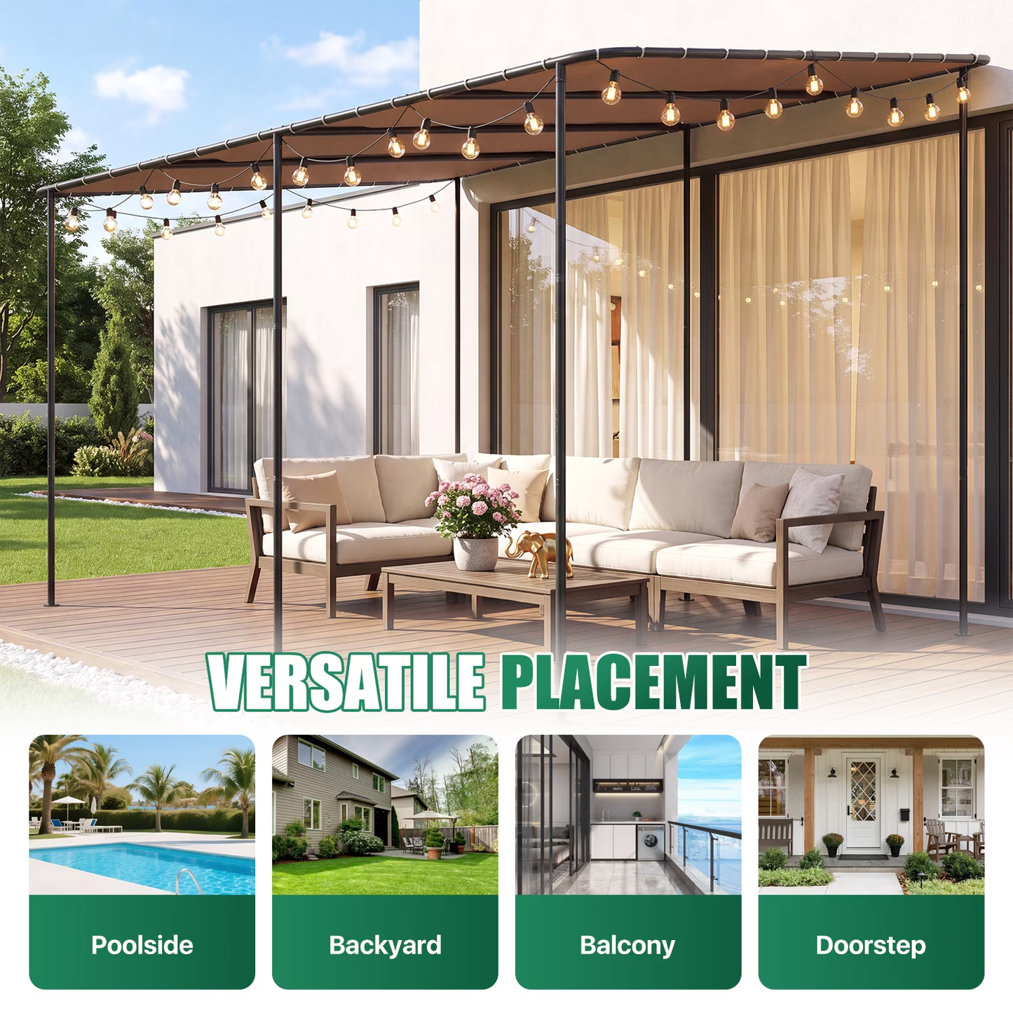 Clouddwell 12×16 FT Wall-Mounted Sloped Roof Outdoor Pergola Canopy, Water-Resistant & UV-Resistant Metal Patio Gazebo for Backyard Garden Porch in Khaki