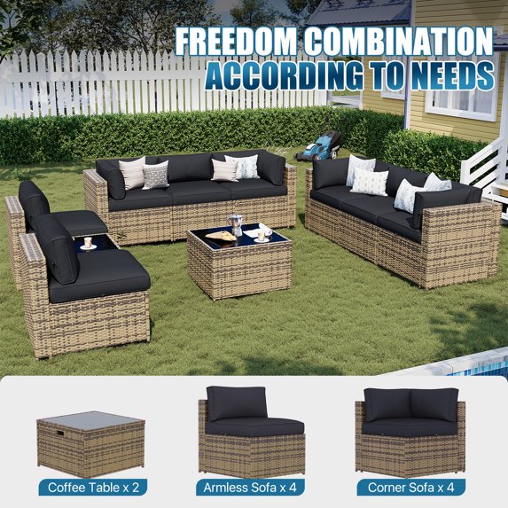 Sunmthink Patio Furniture Sets, 10-Piece Outdoor Patio Furniture with Thick Cushions, Wicker Outdoor Conversation Set and Waterproof Cover for Backyard, Poolside, Garden