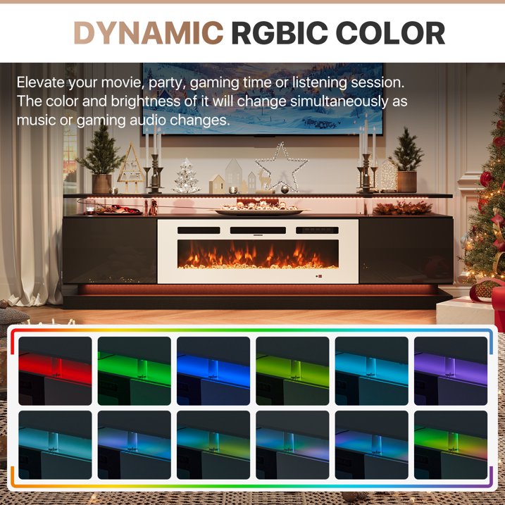 Sonegra Modern Fireplace TV Stand for TVs Up to 80" with Music Sync LED, 70" Entertainment Center with Electric Fireplace, TV Console with Storage Cabinets for Living Room, Black