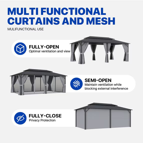 Dateyes 12' x 20' Hardtop Gazebo with Double Roof, Outdoor Gazebo for Patio, Lawn and Garden, Includes Netting and Curtains, Gray