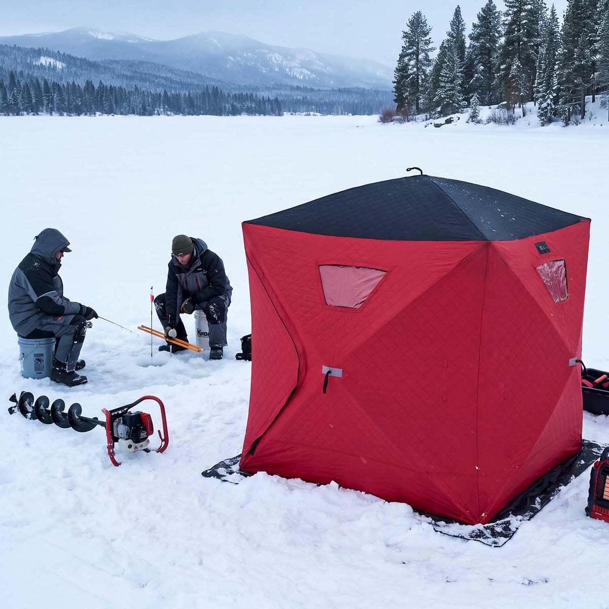 Dateyes Pop Up Ice Fishing Shelter, Insulated Ice Fishing Tent for 1-2 People, 420D Insulated Fabric, 60"x60"x65" 24 sq.ft Fishing Area, Red