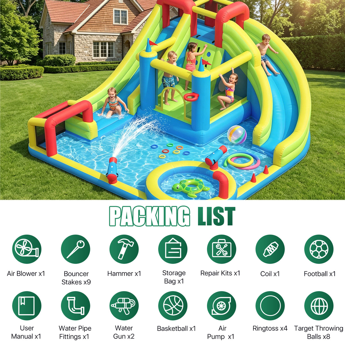 Dateyes 14x17FT Inflatable Water Slide for Kids, Inflatable Bounce Castle with 450W Blower, 8 in 1 Water Park Bounce House for Outdoor Indoor Outdoor Family Backyard Play, Large Water Park