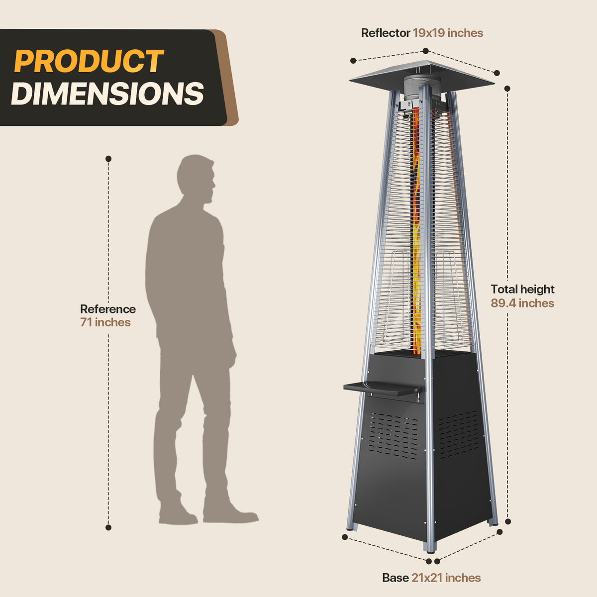 LazySunsets 87 Inch Outdoor Tower Propane Heater, 48000 BTU Black Pyramid Patio Heater with Detachable Tabletop, Safety Guard & Moving Wheels, Auto Safety Shutoff