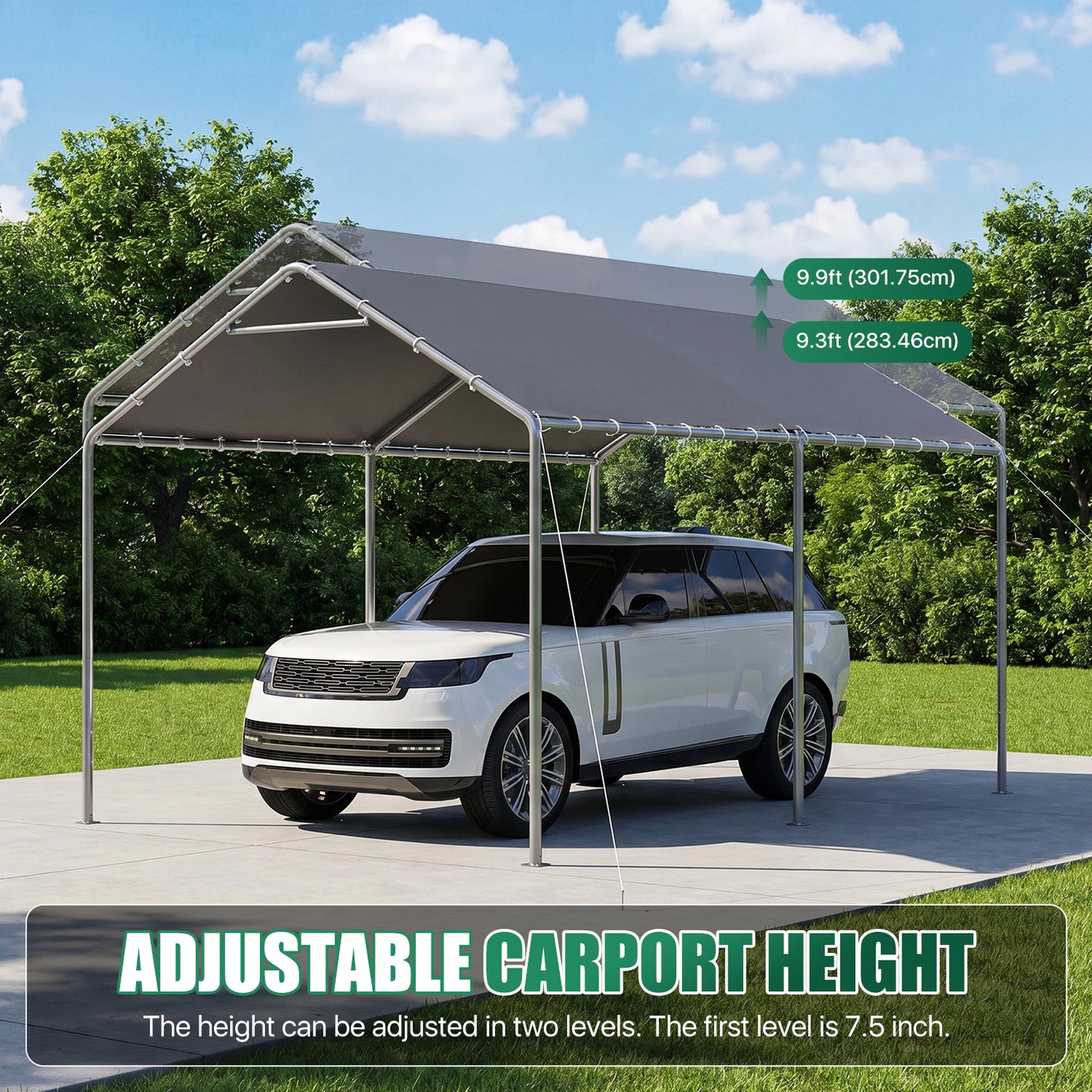 Dateyes 10x15 FT Carport, Heavy Duty Carport Canopy with Adjustable Height, Outdoor Carport Shelter with Reinforced Frame, Portable Garage for Cars, Boats and Trucks, Gray